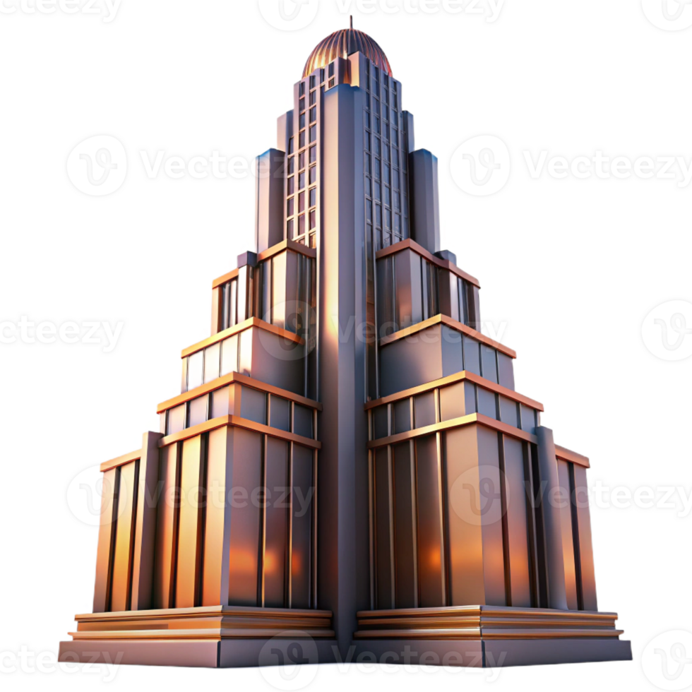 elegant traditional A towering Art Deco skyscraper with geometric patterns and chrome details, dramatic sunset lighting, vintage, high resolution png