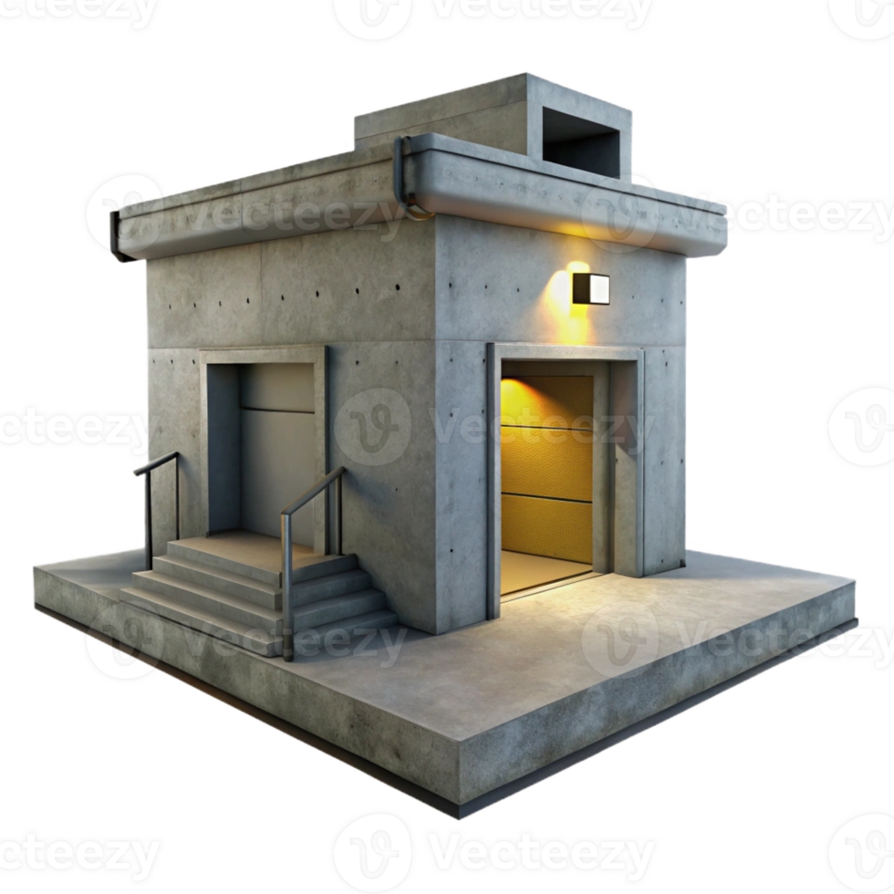 stunning minimalist A minimalist concrete bunker with a single entrance, harsh overhead lighting, brutalist, 4K png
