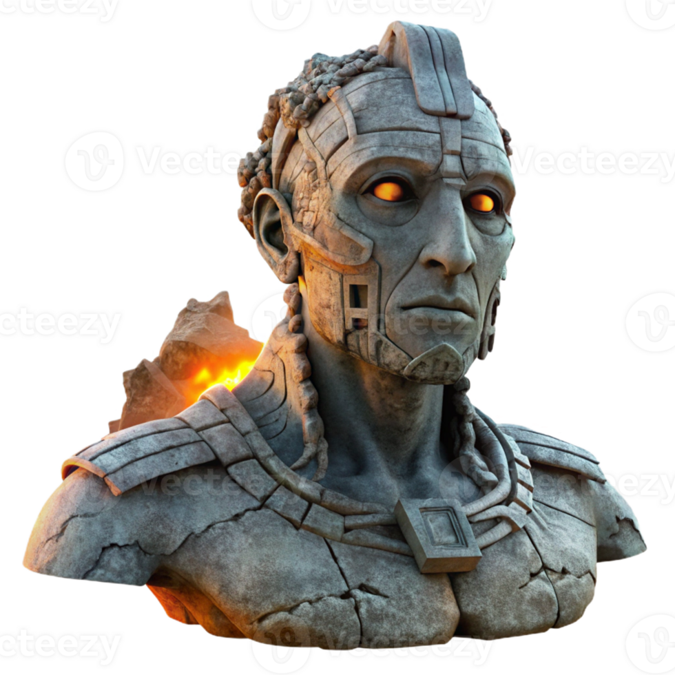 extraordinary contemporary A crumbling statue of a technological deity, dramatic sunset lighting, post-apocalyptic style original png