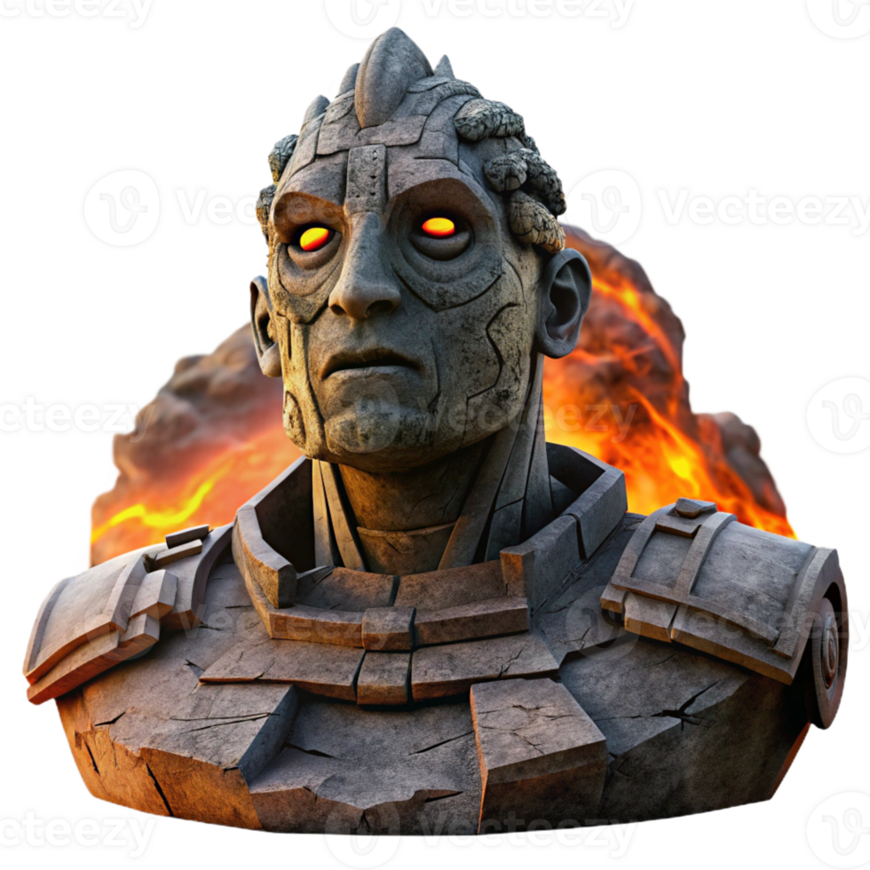 wonderful classic A crumbling statue of a technological deity, dramatic sunset lighting, post-apocalyptic style premium png