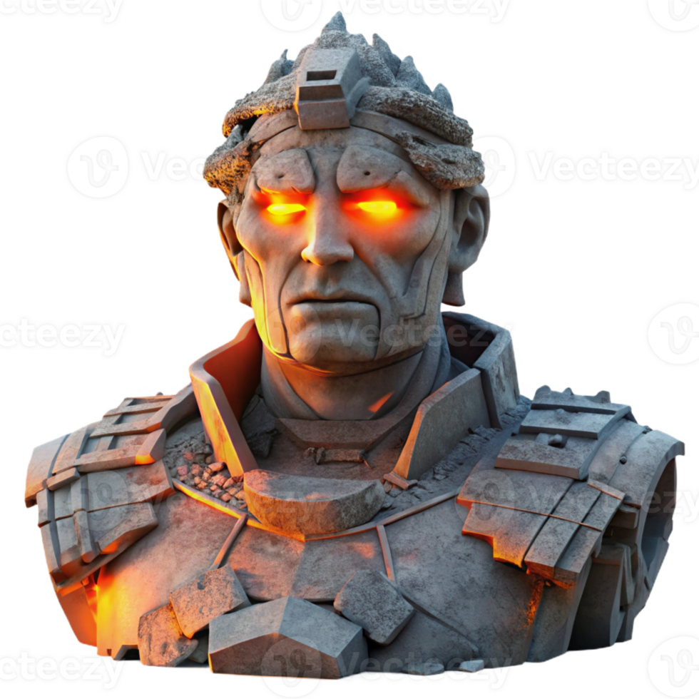 magnificent artistic A crumbling statue of a technological deity, dramatic sunset lighting, post-apocalyptic style genuine png
