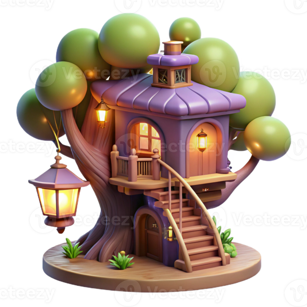 wonderful minimalist A whimsical treehouse with winding staircases and glowing lanterns, enchanted forest setting, fairytale, high resolution png