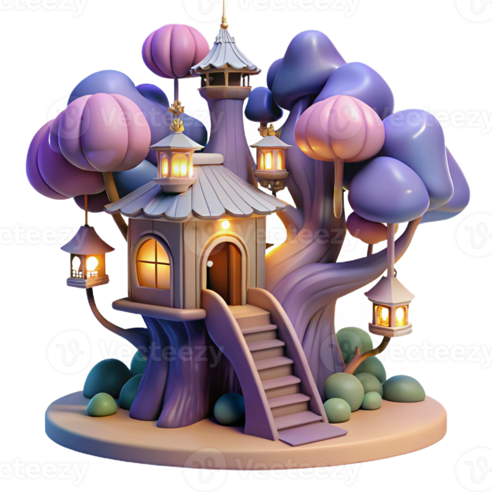 extraordinary traditional A whimsical treehouse with winding staircases and glowing lanterns, enchanted forest setting, fairytale, professional png