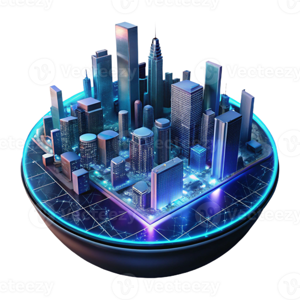 vibrant traditional A cityscape at night viewed through a digital interface, neon and data stream overlays, cyberpunk style authentic png