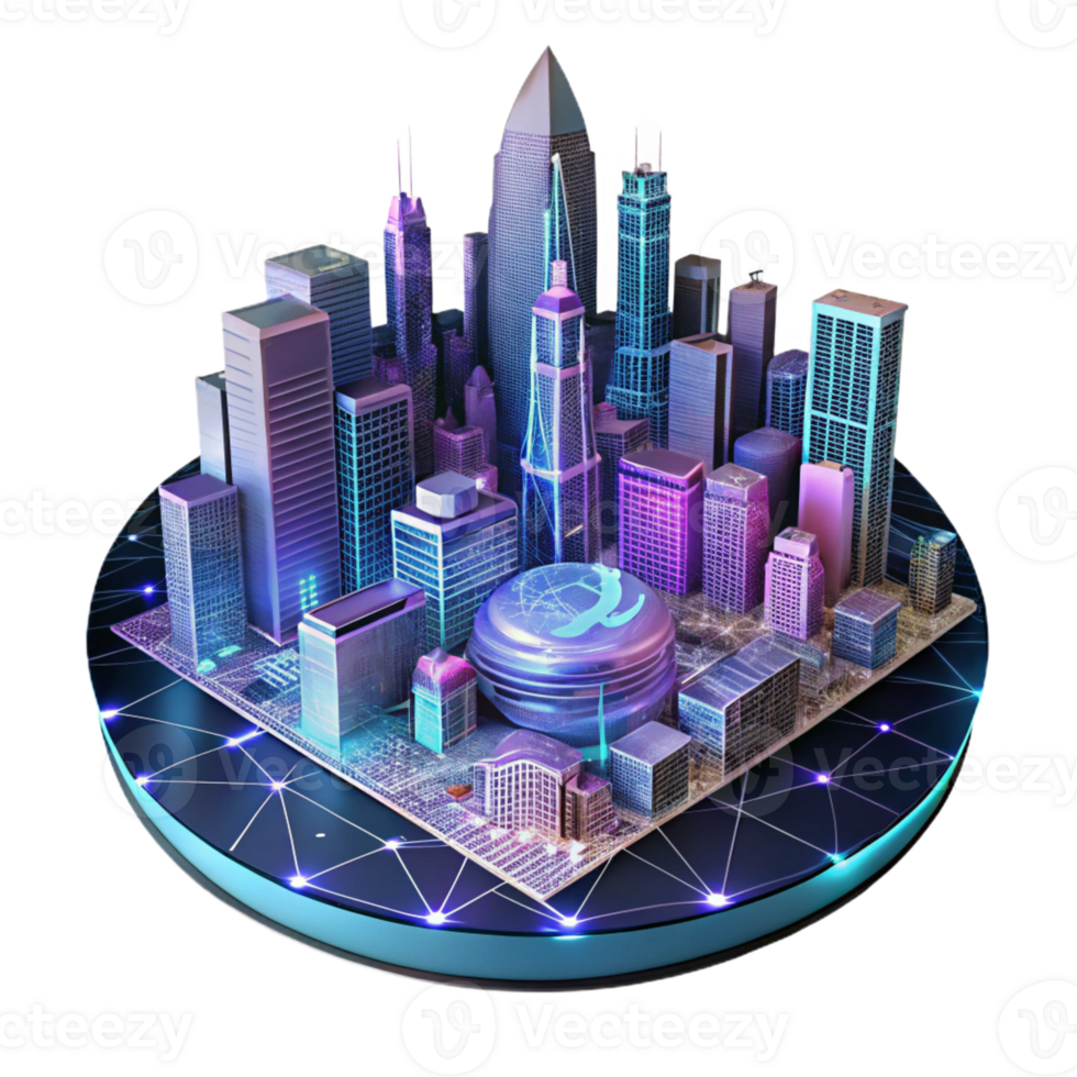 magnificent artistic A cityscape at night viewed through a digital interface, neon and data stream overlays, cyberpunk style 4K png