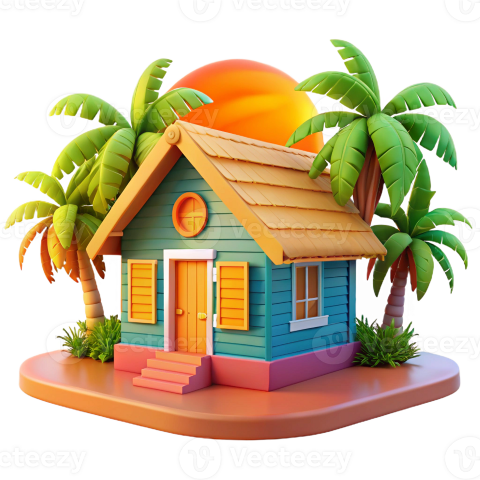 stunning vintage A vibrant Caribbean beach house with colorful shutters and a thatched roof, tropical sunset, cheerful, exclusive png