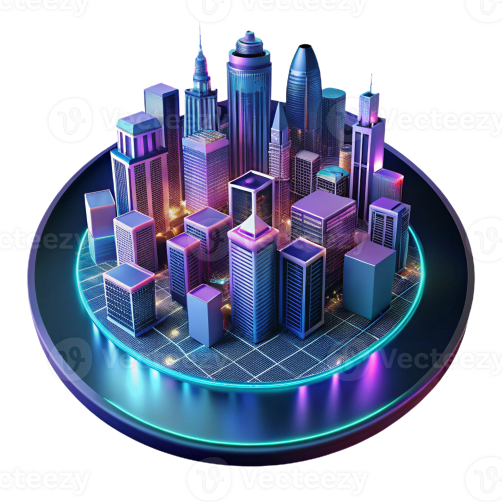 wonderful artistic A cityscape at night viewed through a digital interface, neon and data stream overlays, cyberpunk style genuine png