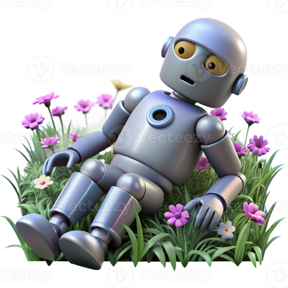 vibrant rustic A broken robot lying in a field of flowers, soft natural lighting, melancholic style premium png