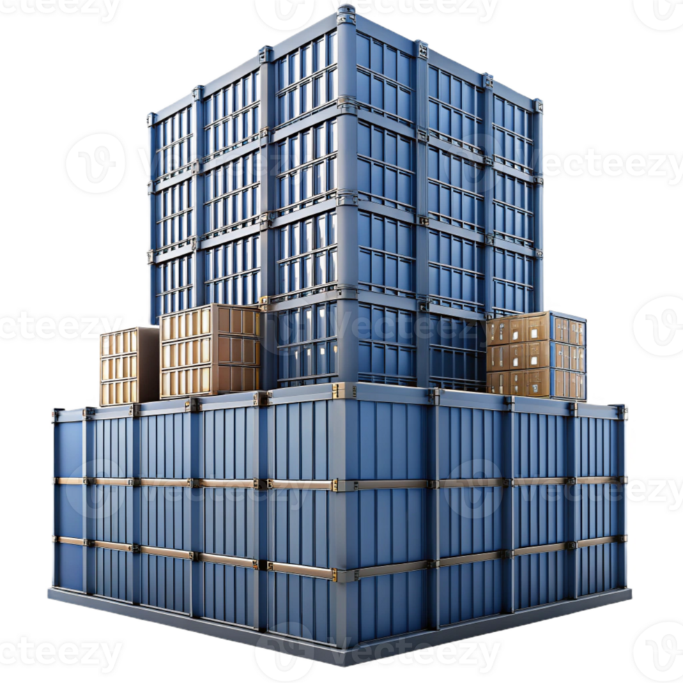 dramatic rustic A towering skyscraper made of interconnected shipping containers, industrial, gritty, original png