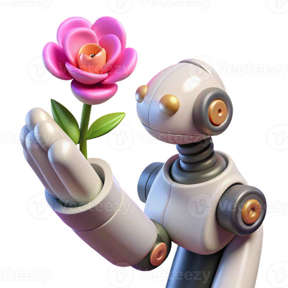 beautiful minimalist A robotic arm holding a delicate flower, soft natural lighting, contrast style professional png