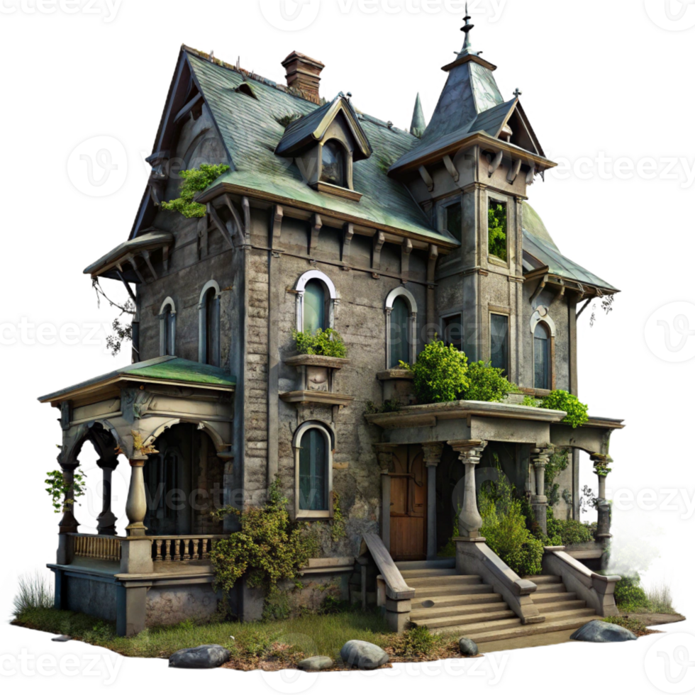 magnificent modern A dilapidated Victorian mansion, overgrown with ivy, chipped paint, broken windows, dim moonlight, eerie atmosphere, gothic style detailed png