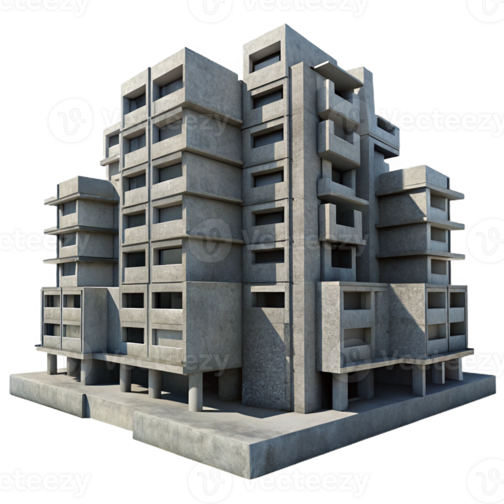 vibrant vintage A Brutalist concrete apartment complex, repetitive geometric forms, stark shadows, overcast sky, urban decay authentic png