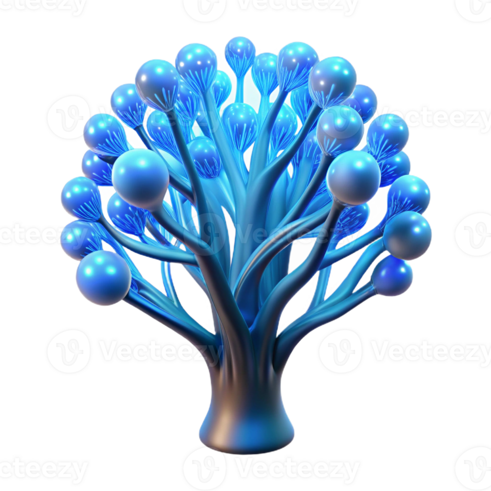magnificent minimalist A bioluminescent tree with branches made of fiber optic cables, pulsating with soft blue light, fantasy style high quality png