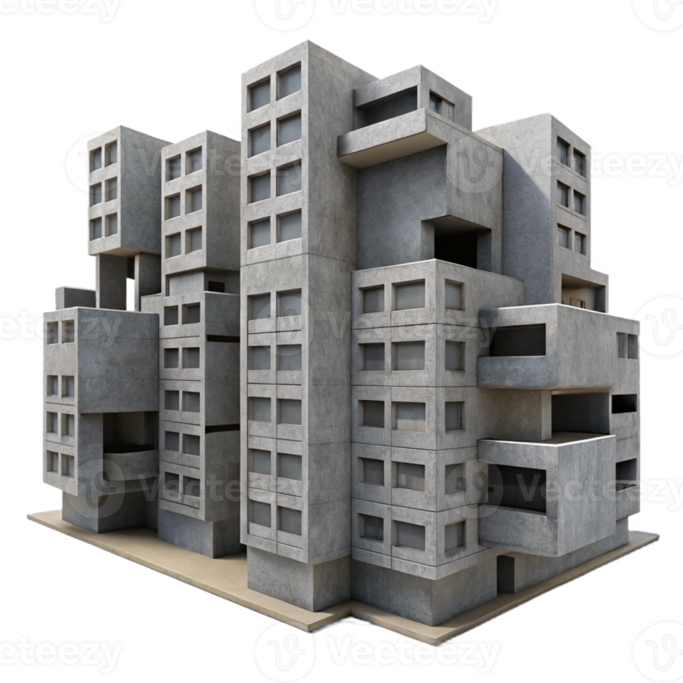 beautiful modern A Brutalist concrete apartment complex, repetitive geometric forms, stark shadows, overcast sky, urban decay professional png