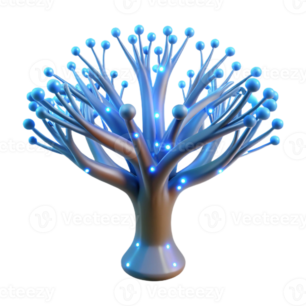 magnificent abstract A bioluminescent tree with branches made of fiber optic cables, pulsating with soft blue light, fantasy style genuine png