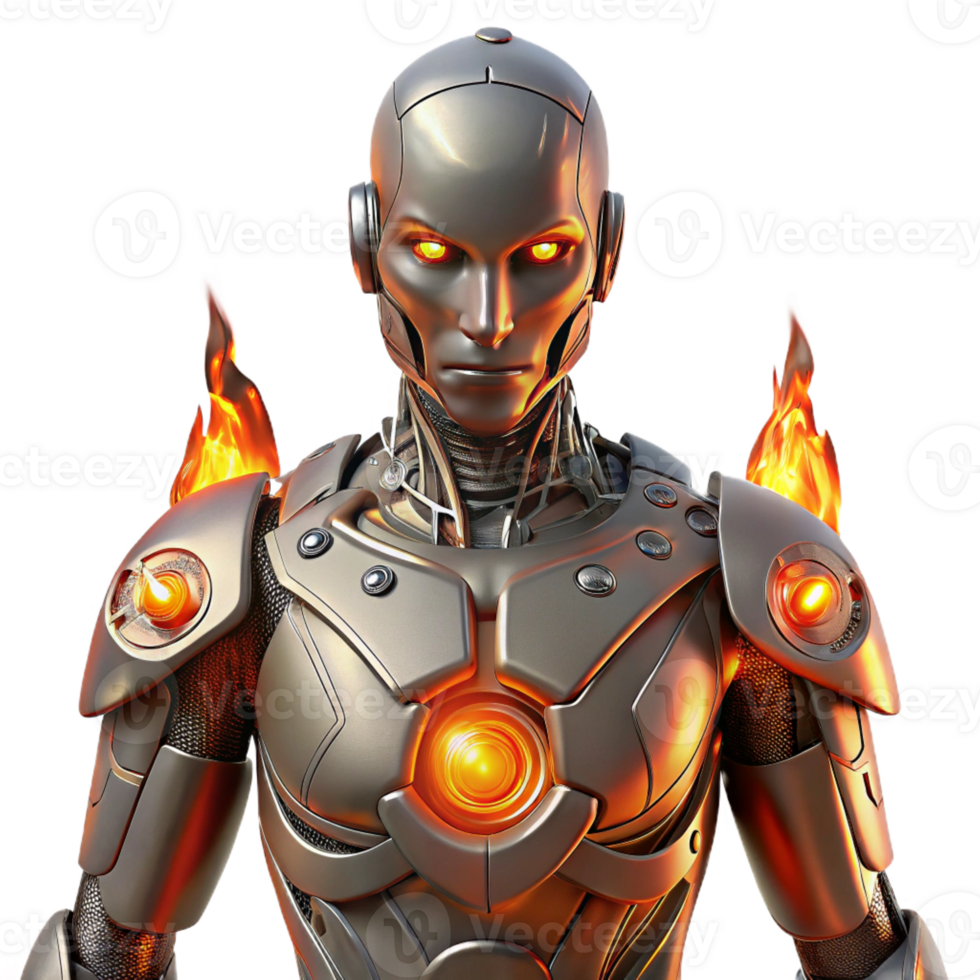 beautiful minimalist A cyborg with intricate mechanical augmentations, lit by the flickering flames of a burning city, dystopian style high resolution png