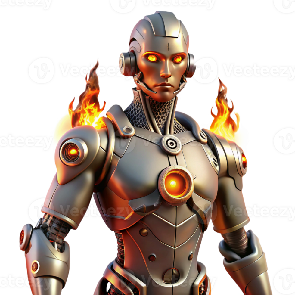 stunning rustic A cyborg with intricate mechanical augmentations, lit by the flickering flames of a burning city, dystopian style 4K png