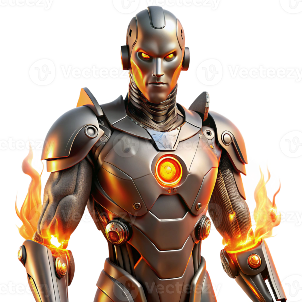 dramatic traditional A cyborg with intricate mechanical augmentations, lit by the flickering flames of a burning city, dystopian style high quality png