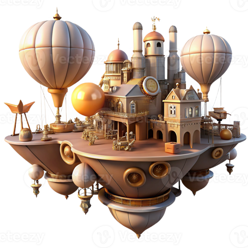 wonderful creative A floating island city, steampunk airships, intricate clockwork mechanisms, warm sunset glow, fantasy style 4K png