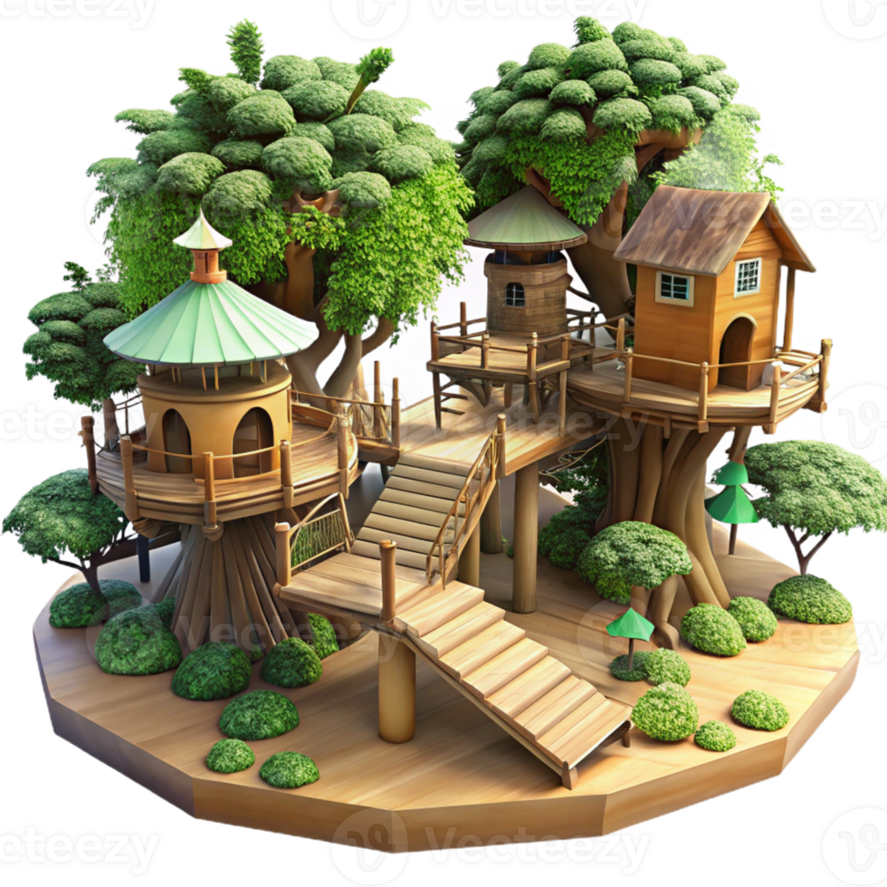 impressive creative A treehouse village, interconnected wooden platforms and bridges, lush foliage, dappled sunlight, fantasy style high quality png