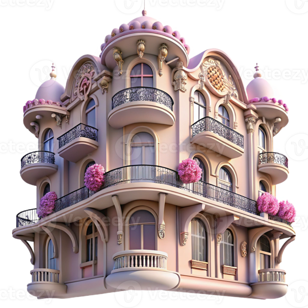 magnificent creative An Art Nouveau apartment building, intricate floral designs, wrought iron balconies, soft pastel colors, early morning light authentic png