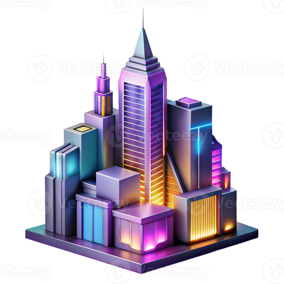 magnificent abstract A postmodern skyscraper, fragmented geometric forms, clashing colors, vibrant city lights, night scene premium png