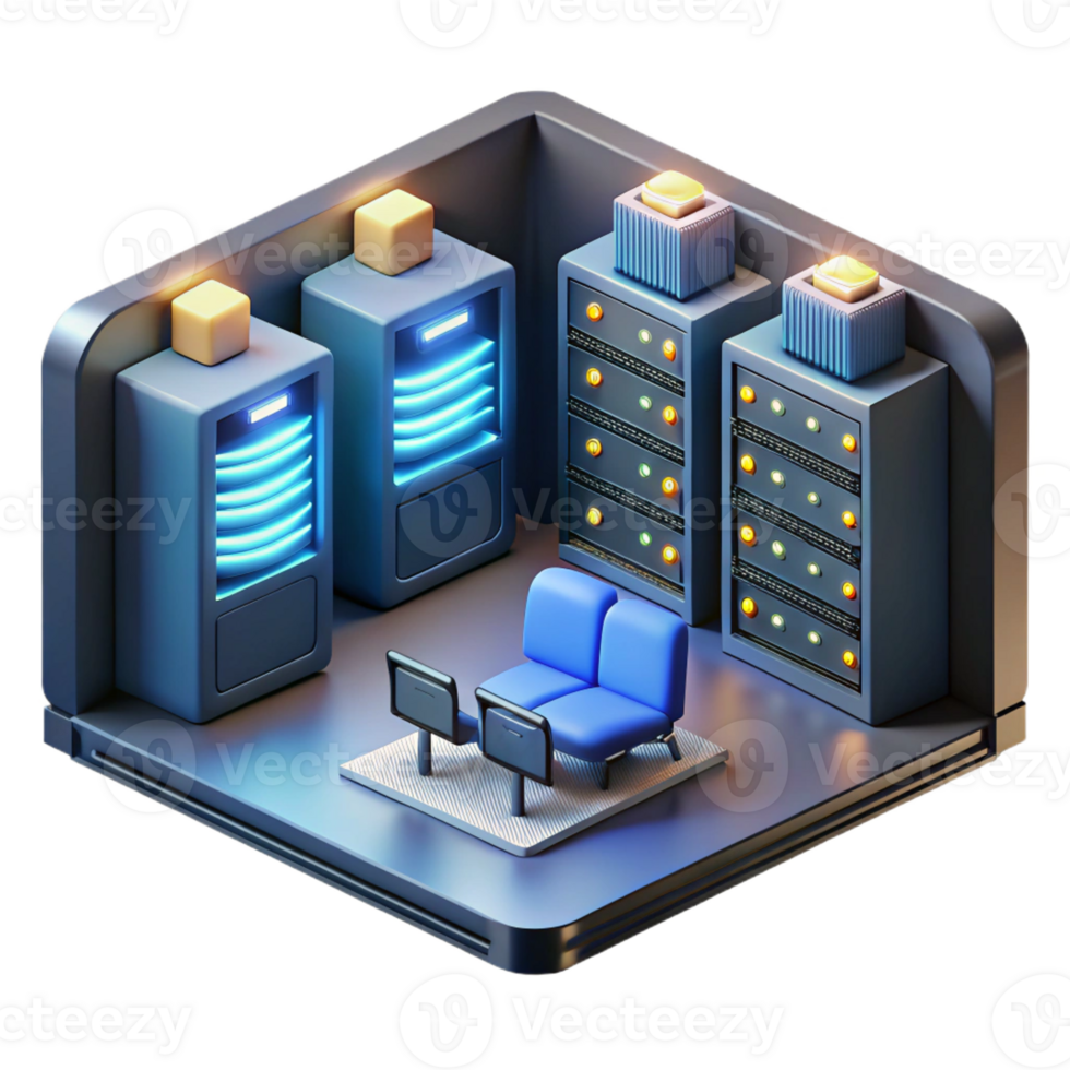 elegant contemporary A server room filled with blinking lights and humming computers, low-key lighting, technical illustration style original png
