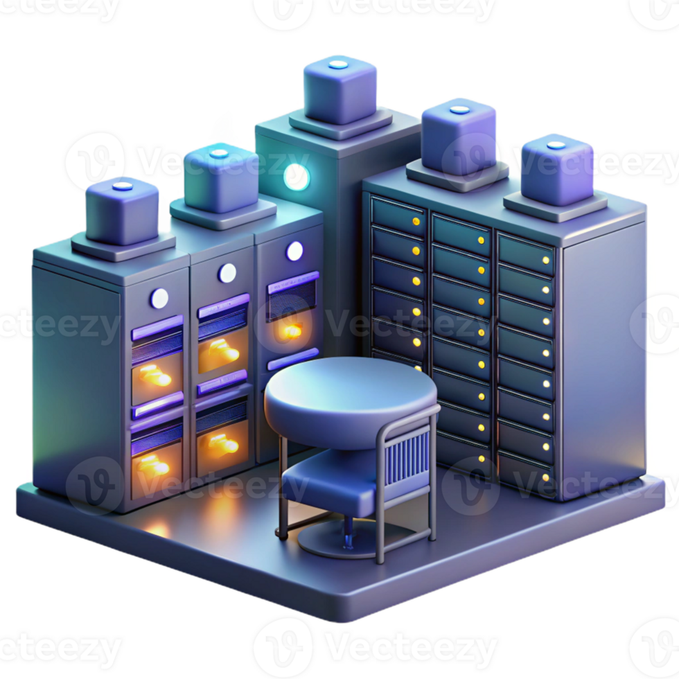 impressive modern A server room filled with blinking lights and humming computers, low-key lighting, technical illustration style authentic png