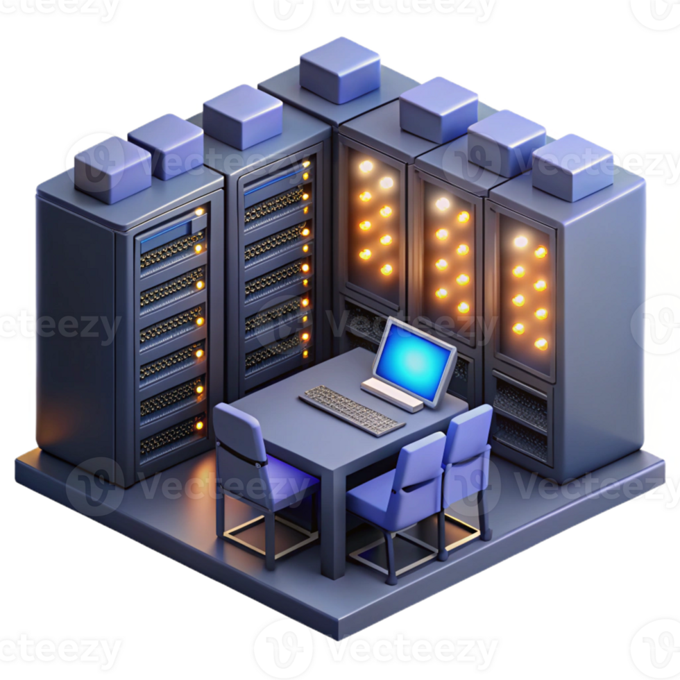 stunning traditional A server room filled with blinking lights and humming computers, low-key lighting, technical illustration style professional png