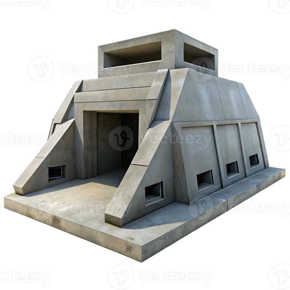 elegant rustic A Brutalist concrete bunker, stark geometric forms, heavy shadows, overcast sky, cold war era 4K png