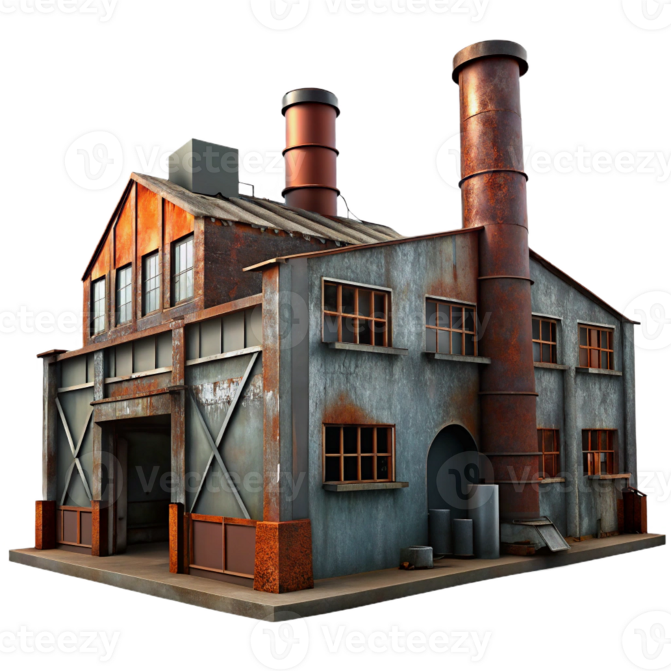 vibrant artistic An abandoned industrial factory, rusted metal, broken windows, dim lighting, urban decay detailed png