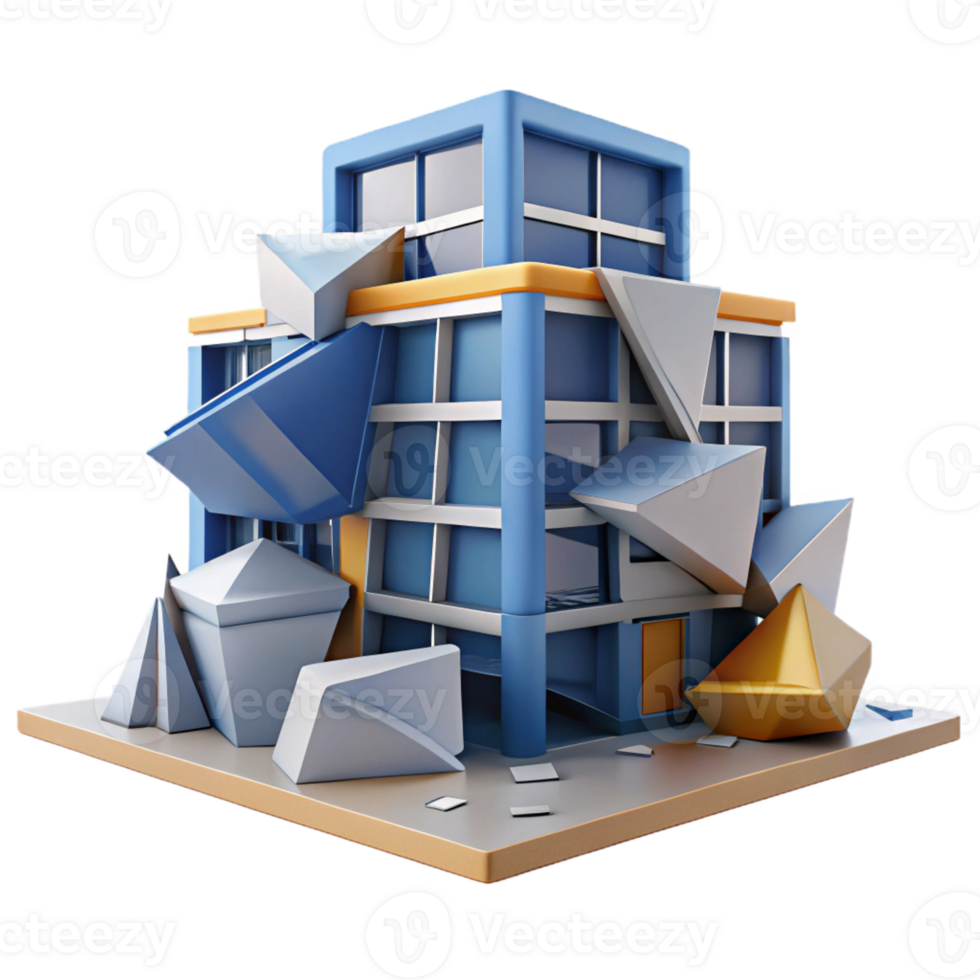 stunning abstract A deconstructivist office building, fragmented forms, distorted angles, clashing materials, urban setting professional png