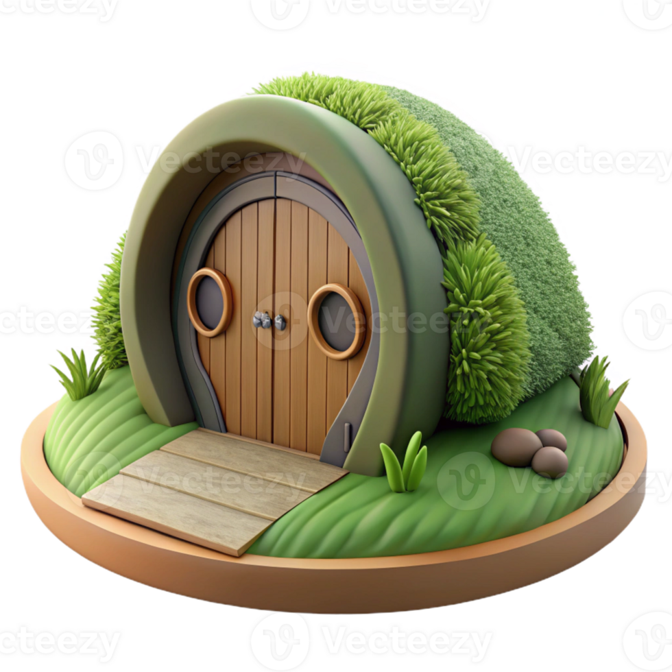 stunning classic A hobbit hole, nestled in a hillside, round wooden door, lush green grass, idyllic setting detailed png