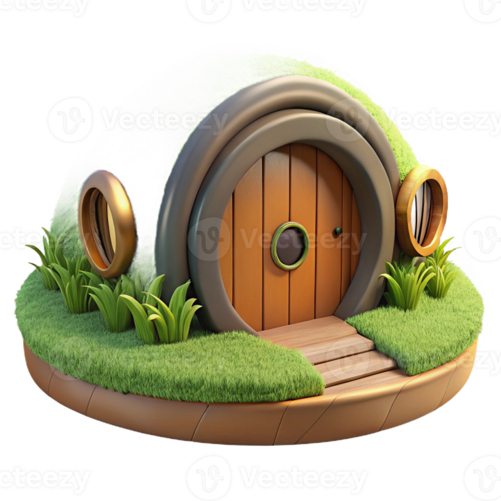 magnificent rustic A hobbit hole, nestled in a hillside, round wooden door, lush green grass, idyllic setting premium png