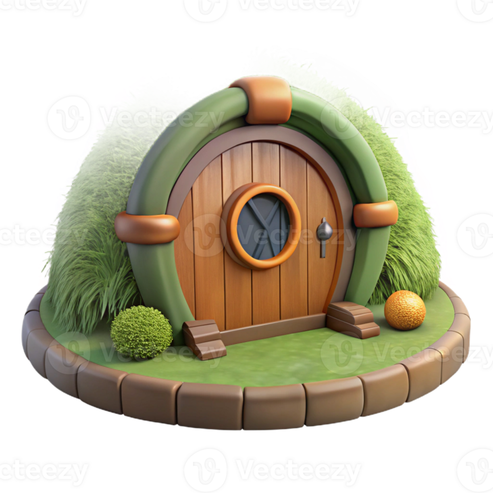 wonderful artistic A hobbit hole, nestled in a hillside, round wooden door, lush green grass, idyllic setting high quality png