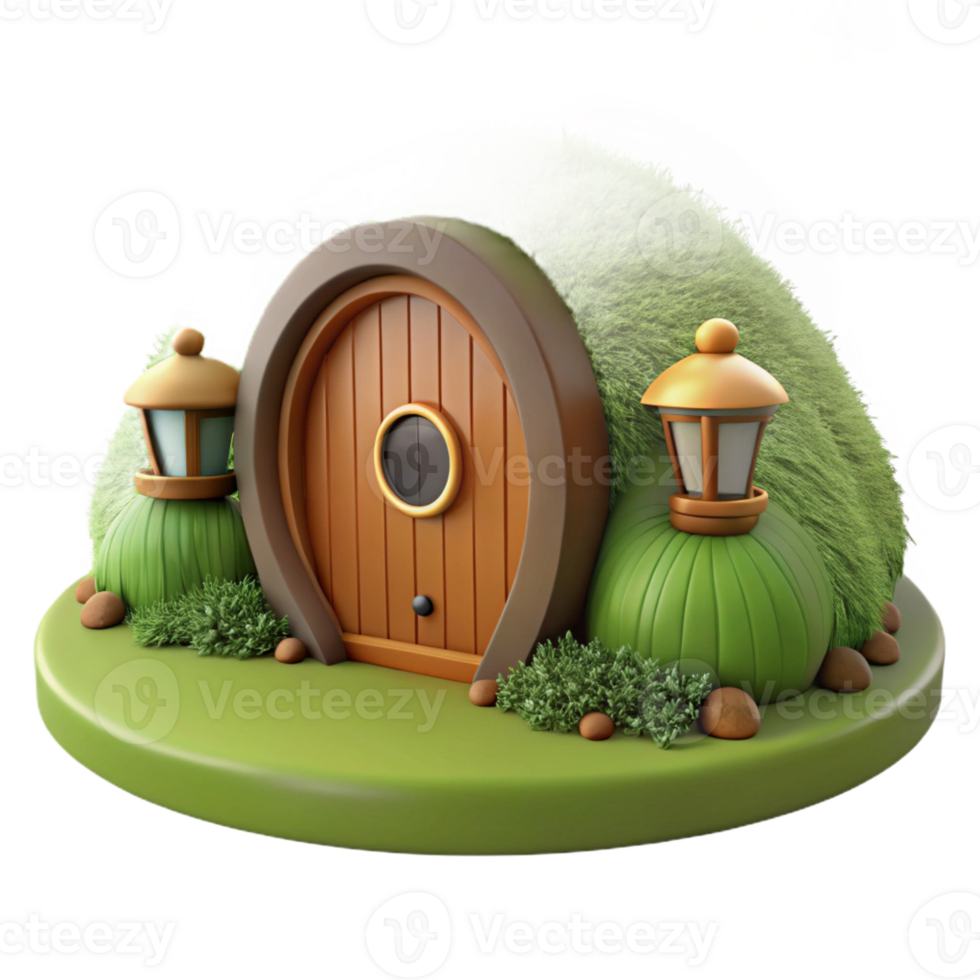 extraordinary creative A hobbit hole, nestled in a hillside, round wooden door, lush green grass, idyllic setting 4K png