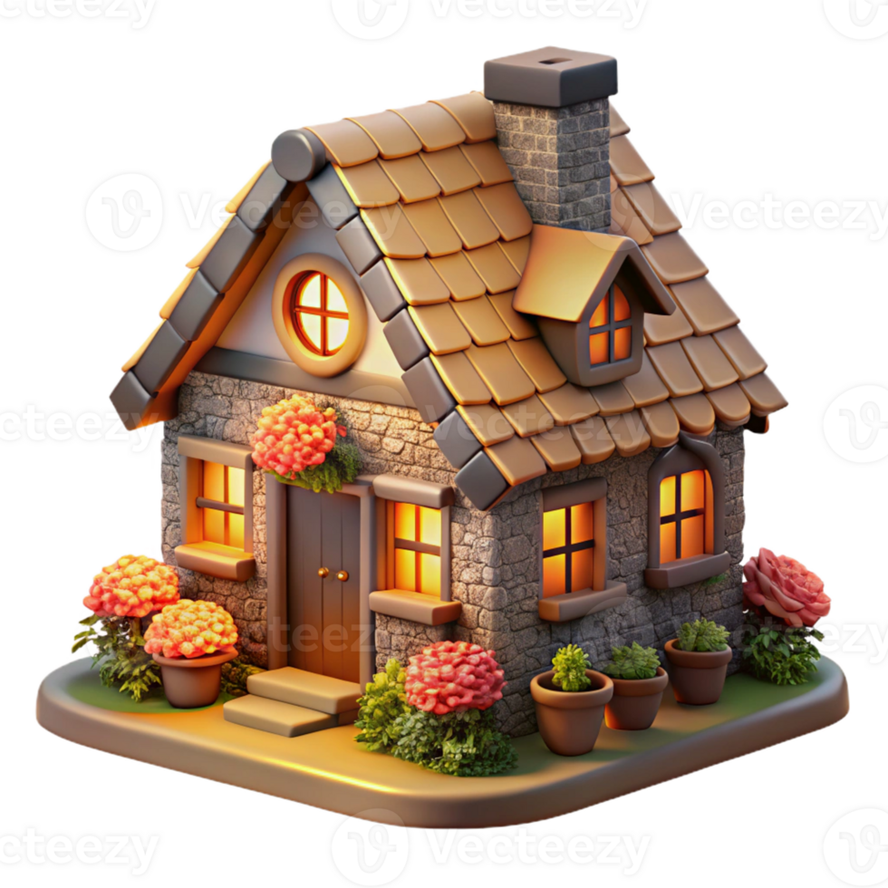 beautiful minimalist A traditional thatched roof cottage, stone walls, climbing roses, cozy interior, warm firelight detailed png