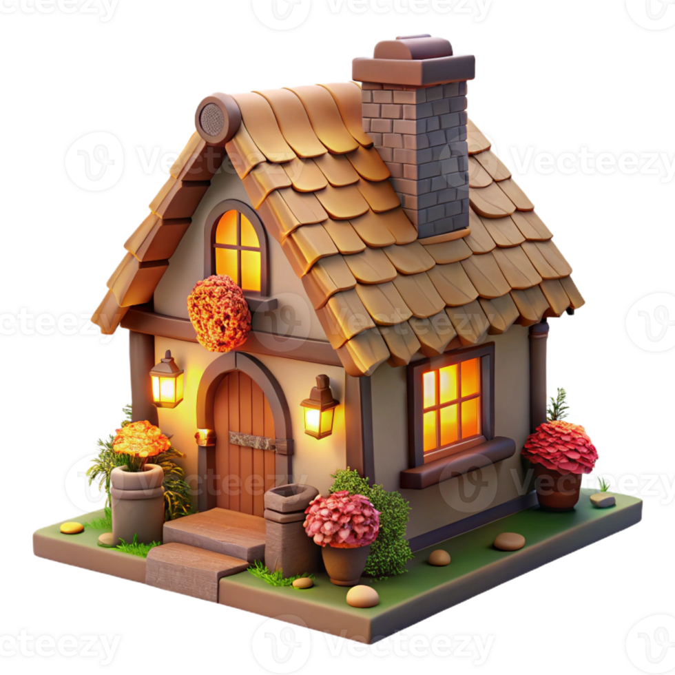 dramatic traditional A traditional thatched roof cottage, stone walls, climbing roses, cozy interior, warm firelight detailed png