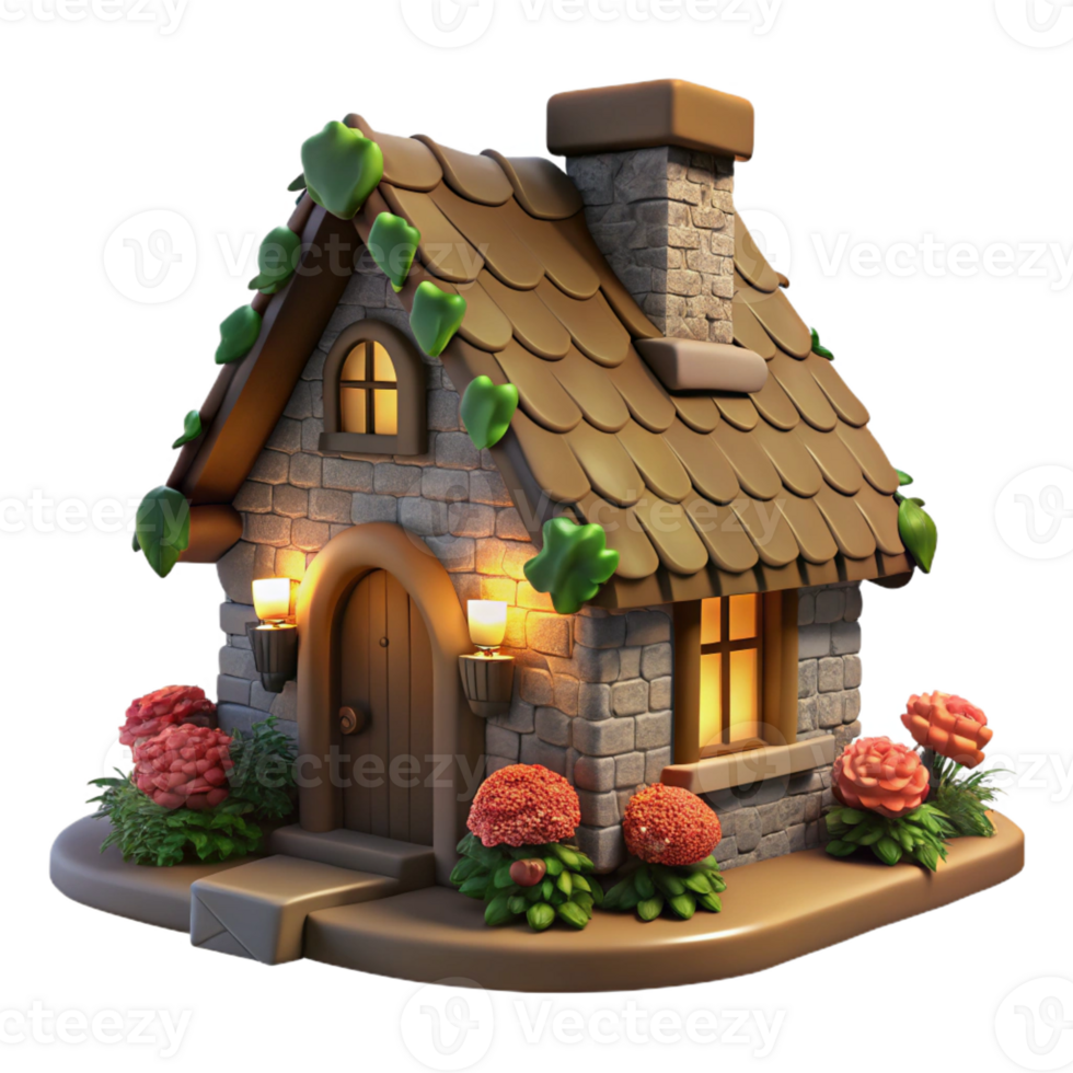 serene creative A traditional thatched roof cottage, stone walls, climbing roses, cozy interior, warm firelight detailed png