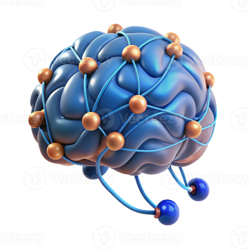 vibrant minimalist A human brain connected to a network of wires, glowing with energy, cyberpunk style authentic png