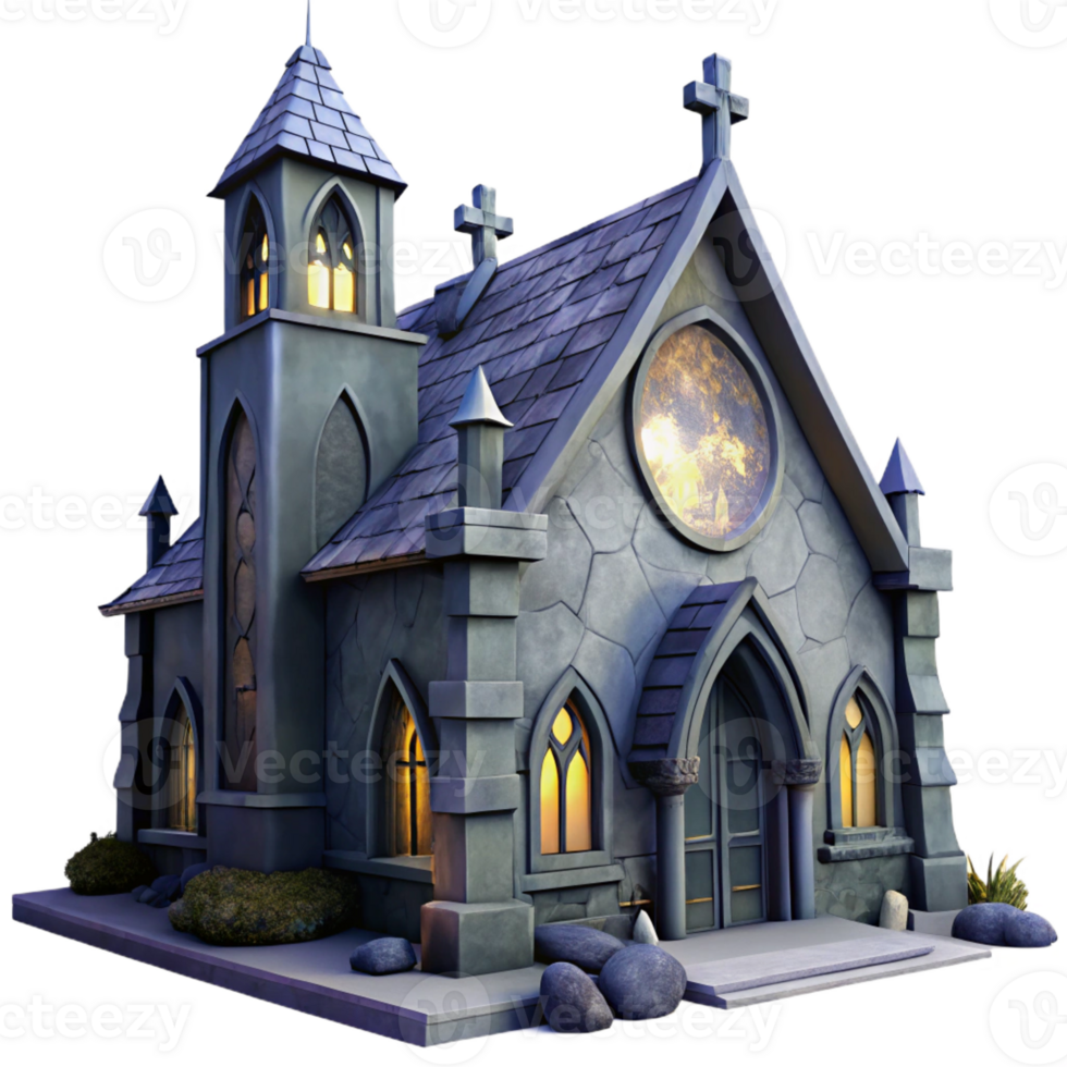 elegant artistic An abandoned church, crumbling stone walls, stained glass windows, dim moonlight, eerie atmosphere 4K png