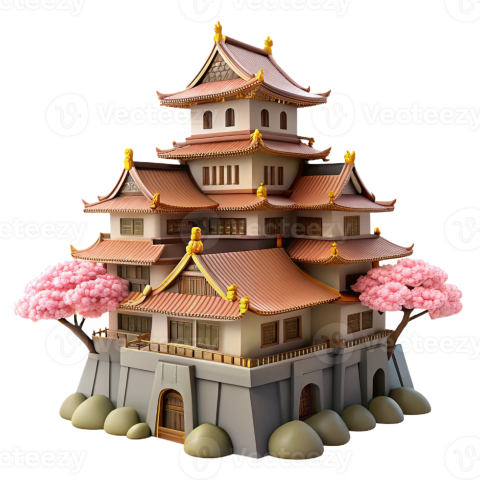 stunning abstract A traditional Japanese castle, imposing stone walls, ornate wooden roofs, cherry blossoms, soft spring light high resolution png