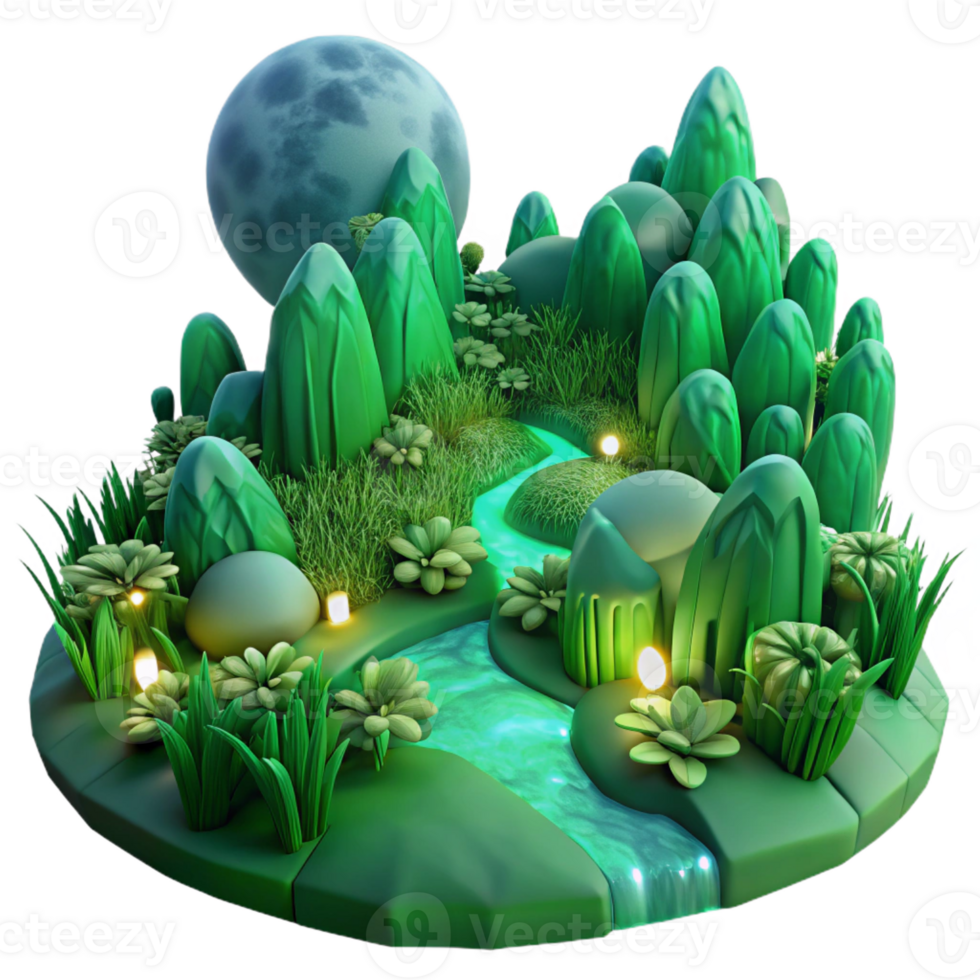 stunning artistic A lush, green valley teeming with bioluminescent flora, illuminated by moonlight, in a hyperrealistic style with intricate detail high resolution png
