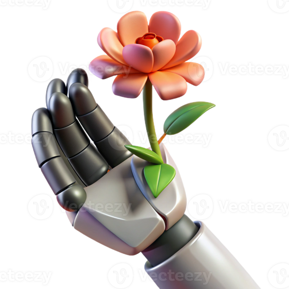 elegant minimalist A robotic hand holding a flower, contrasting textures, soft lighting high quality png