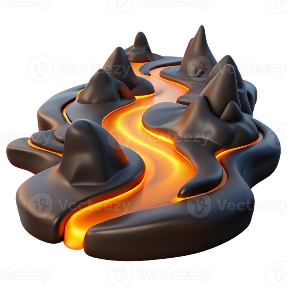 serene artistic A winding river of molten lava flowing through a black, volcanic landscape, lit by the fiery glow of the lava, in a surreal, abstract style high quality png