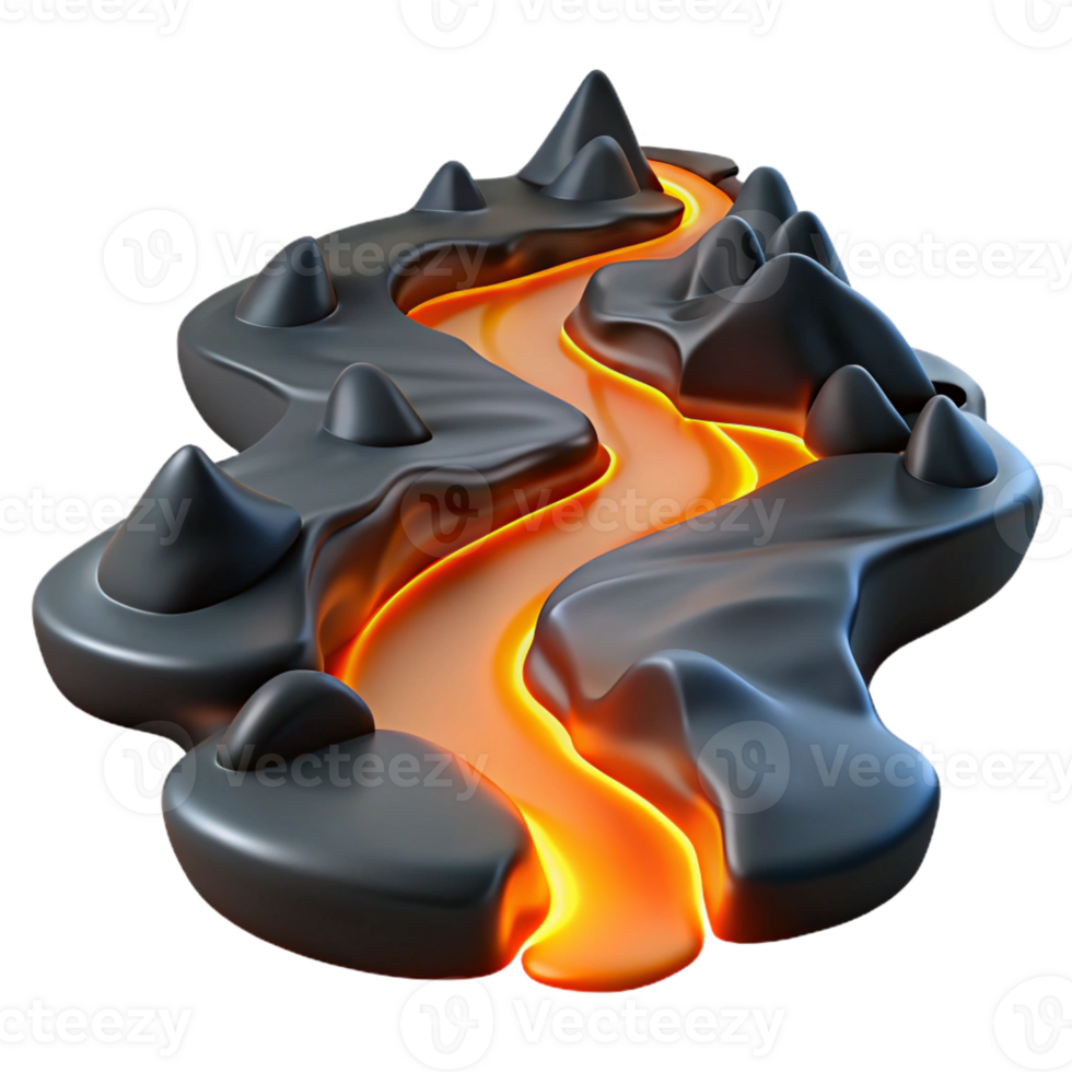 serene contemporary A winding river of molten lava flowing through a black, volcanic landscape, lit by the fiery glow of the lava, in a surreal, abstract style high resolution png