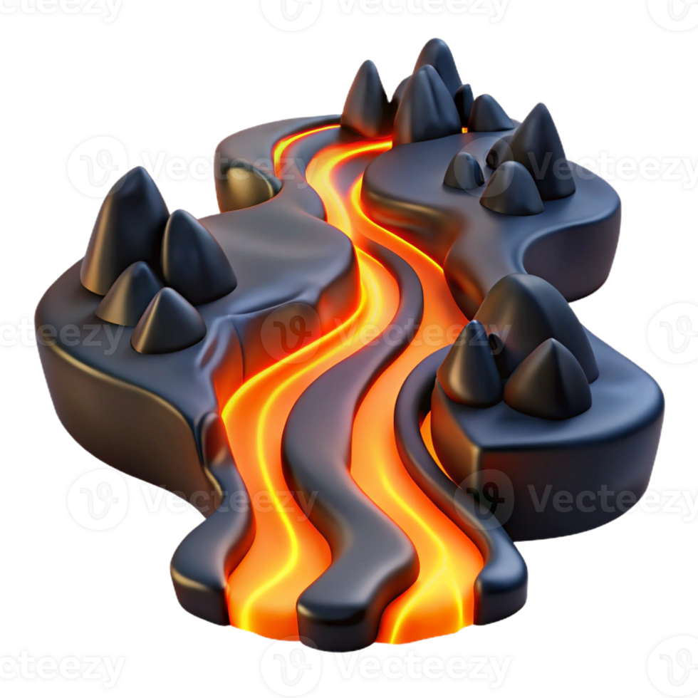 vibrant artistic A winding river of molten lava flowing through a black, volcanic landscape, lit by the fiery glow of the lava, in a surreal, abstract style detailed png