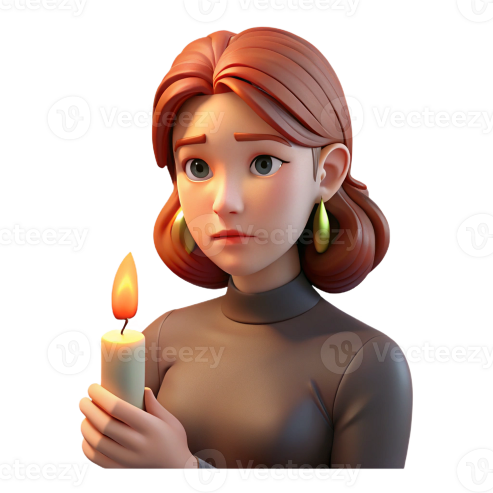 elegant contemporary A melancholic portrait of a young woman with fiery red hair, illuminated by a single candle held in her hand, Rembrandt lighting, hyperrealistic style genuine png