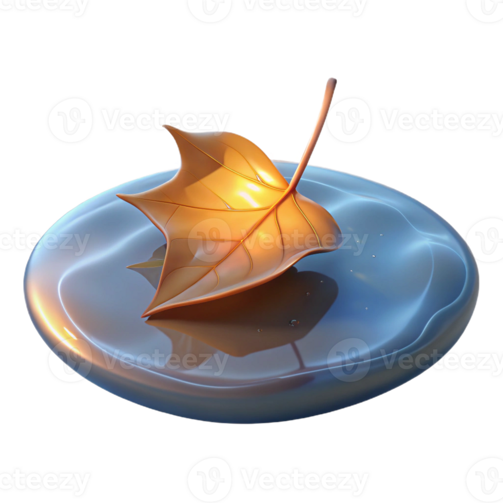 dramatic contemporary A single, withered leaf floating on the surface of a still pond, illuminated by soft, reflected light, in a minimalist, zen style original png