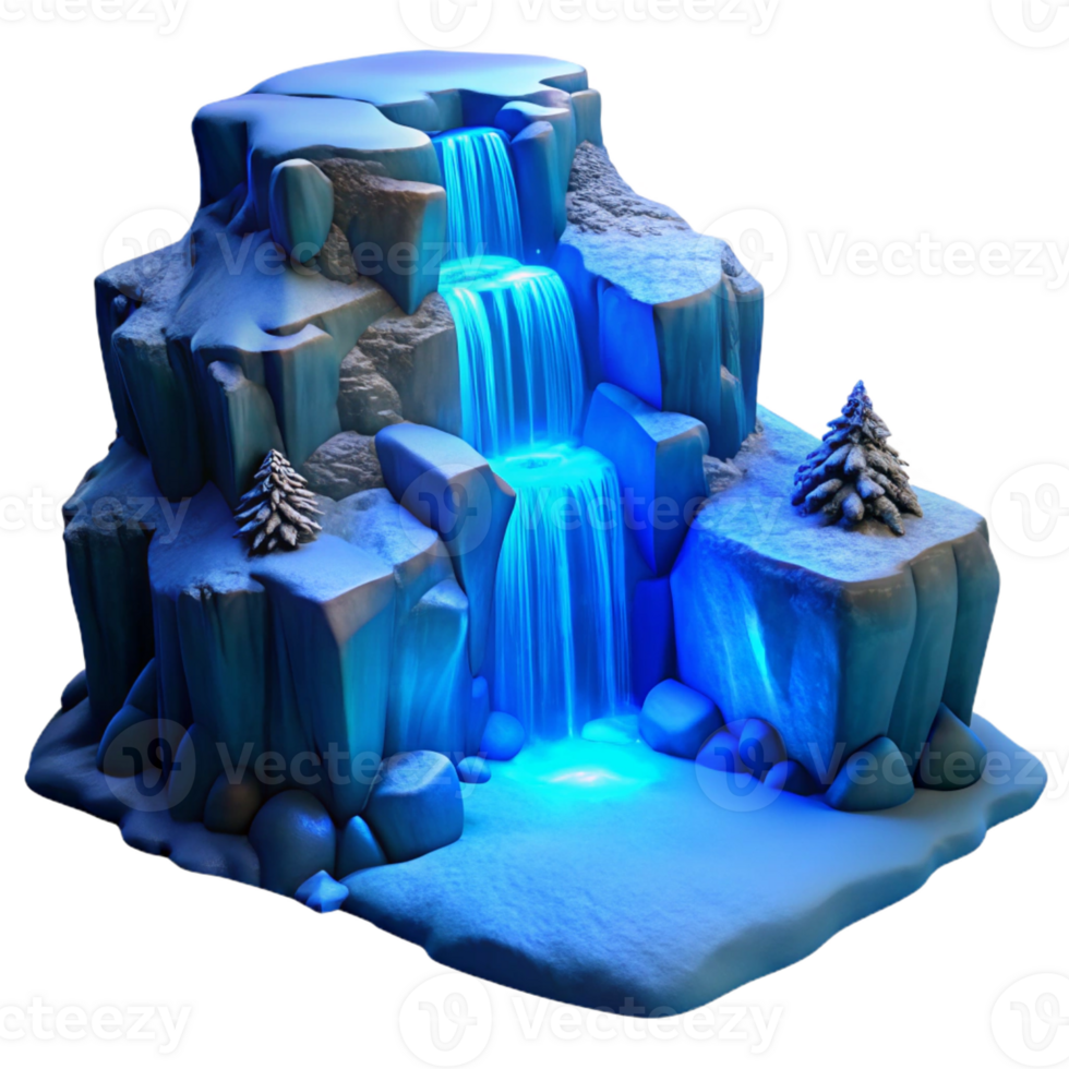 dramatic classic A frozen waterfall cascading down a rocky cliff, lit by the cold, blue light of winter, in a realistic landscape photography style premium png